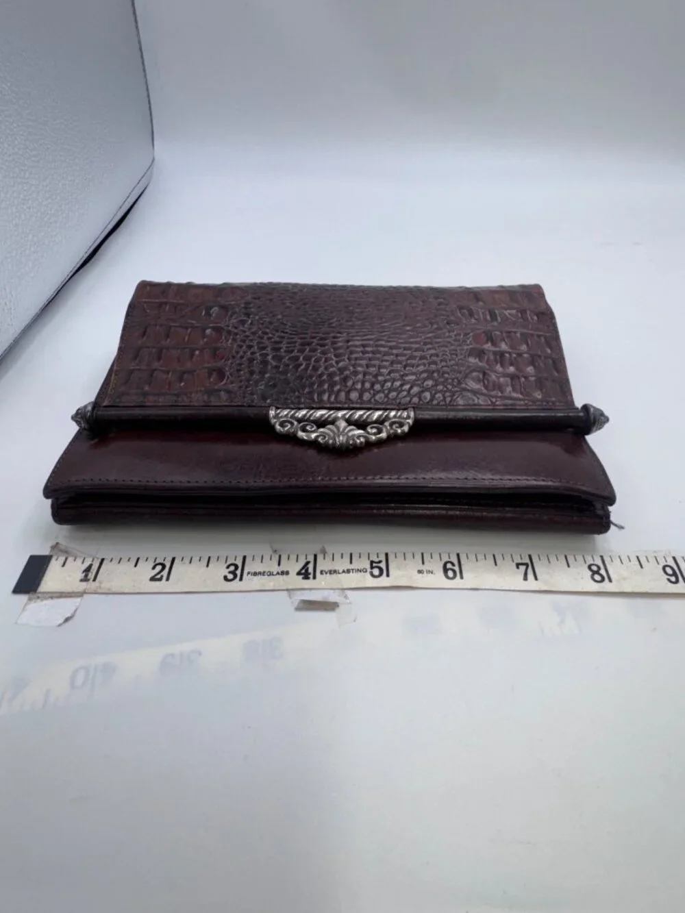 Vintage Brighton Brown Leather Crocodile Embossed Clutch Purse Wallet Silver Ton